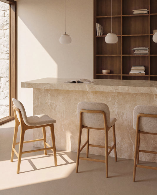 Elnor stool in beige chenille with solid oak wood legs in a natural finish 65cm
