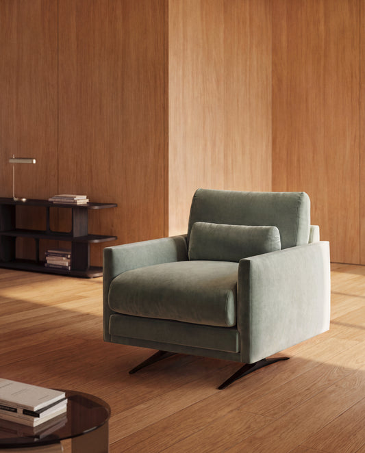 Veliro green velvet armchair with steel legs in black finish FSC Mix Credit