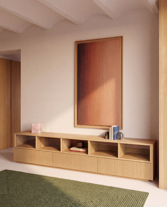 Helvine 5-door, 3-drawer TV stand in oak veneer and tempered glass 242x53,5cm FSC 100%