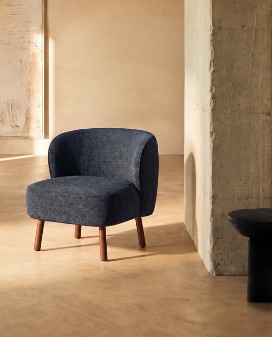 Ulit armchair in blue-grey chenille with solid ash wood legs with walnut finish