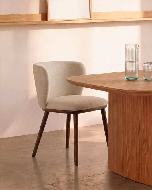 Ciselia flame-retardant beige chenille chair with solid ash wood legs with walnut-coloured finish FSC Mix Credit
