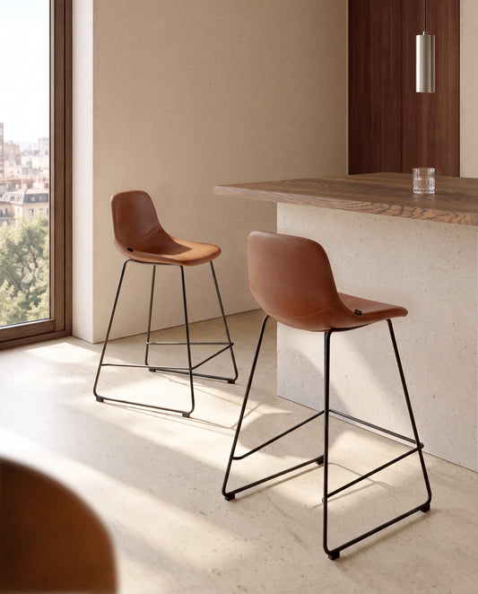 Zahara stool in brown polyurethane with steel legs with black finish 65cm FSC 100%