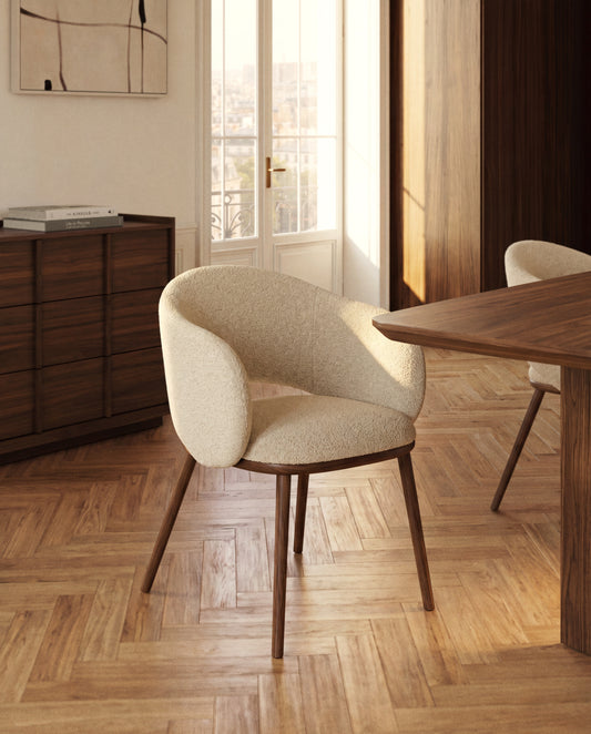 Maina chair in thick beige chenille with solid ash wood legs and a walnut-tone finish, FSC Mix Credit