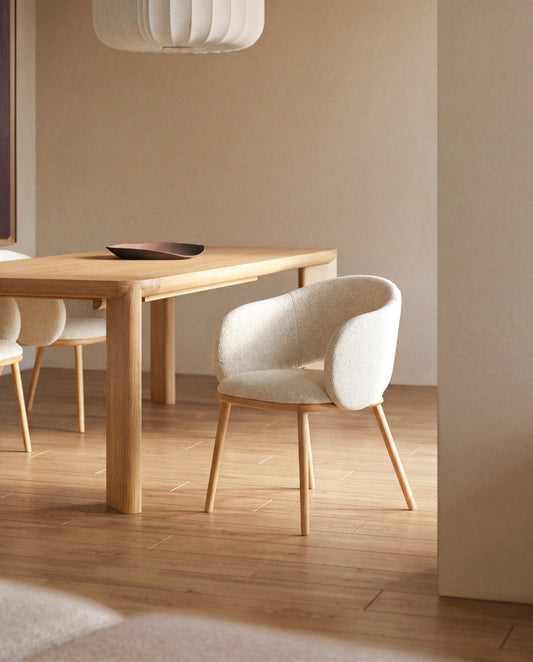 Maina chair in thick beige chenille with solid ash wood legs and a natural-tone finish, FSC Mix Credit