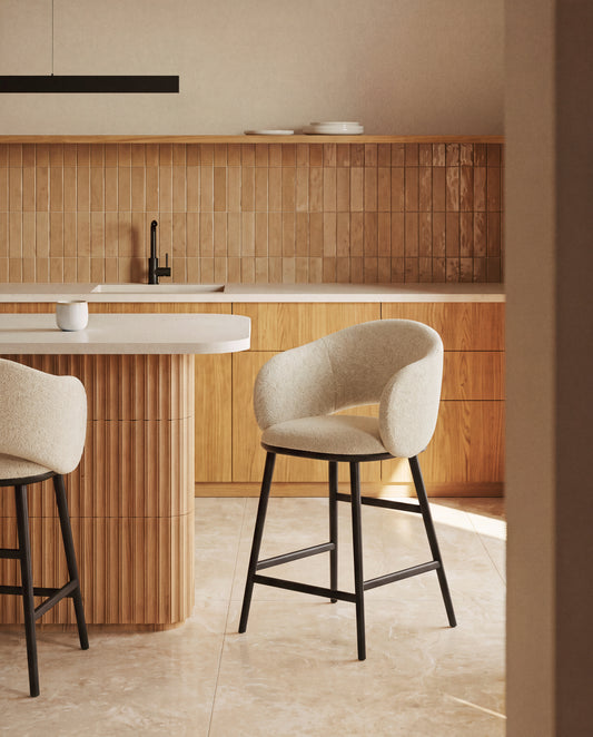 Maina stool in thick beige chenille with solid ash wood legs and a ebonised finish, FSC Mix Credit 65 cm