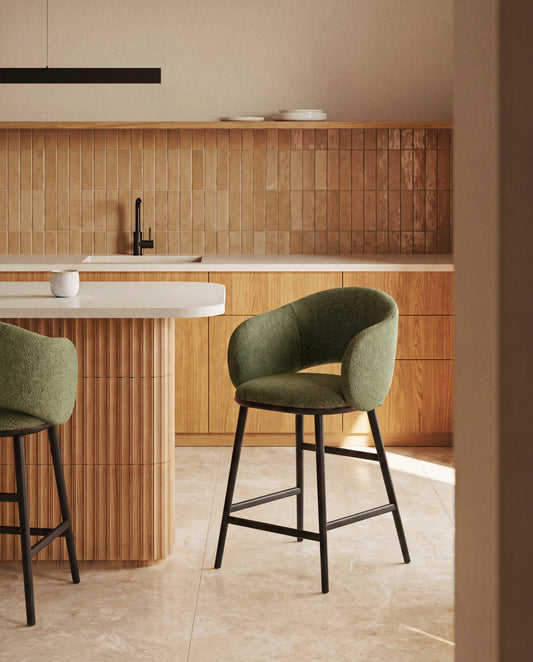 Maina stool in thick green chenille with solid ash wood legs and a ebonised finish, FSC Mix Credit 65 cm