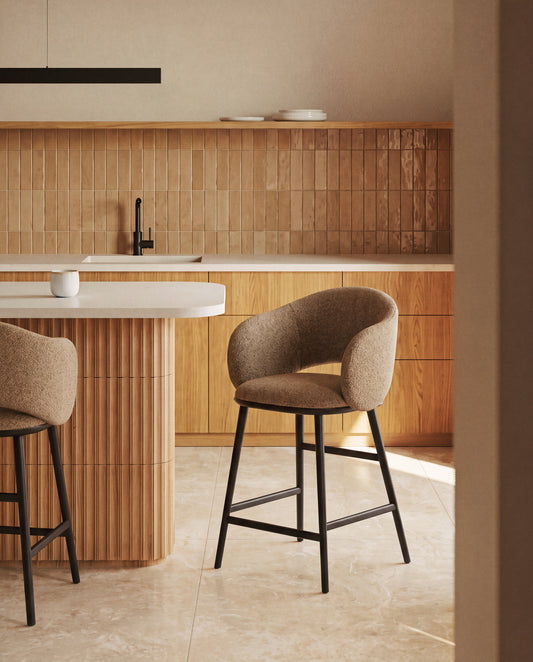 Maina stool in thick chenille brown and solid ash wood legs with ebonised finish FSC Mix Credit 65 cm