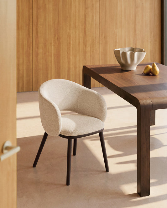 Maina chair in thick beige chenille with solid ash wood legs and a ebonised finish, FSC Mix Credit