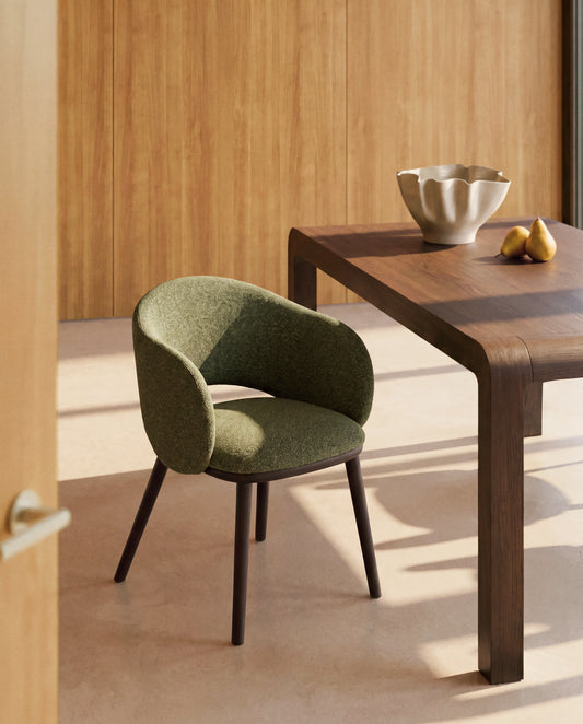 Maina chair in thick chenille green and solid ash wood legs with ebonised finish FSC Mix Credit