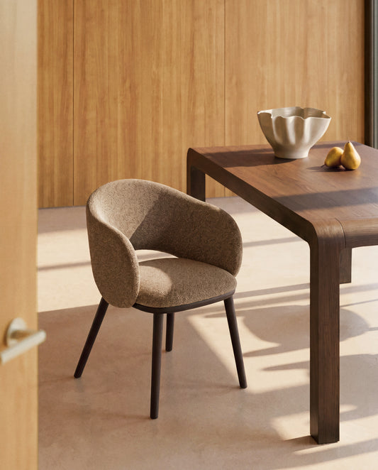 Maina chair in thick brown chenille with solid ash wood legs and a ebonised finish, FSC Mix Credit