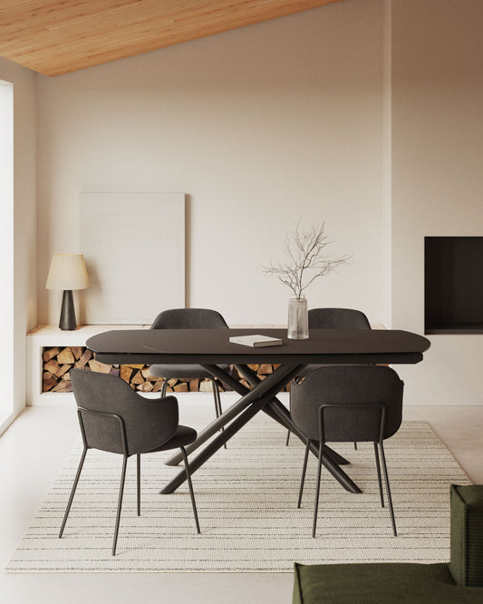 Yodalia extendable table in tempered glass with steel legs in a black finish 130(190)x100 cm