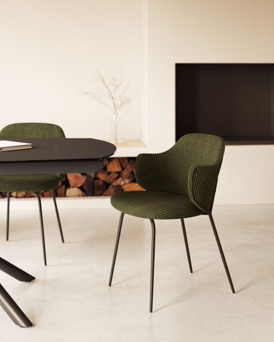 Yunia chair in green wide seam corduroy with steel legs in a painted black finish FR