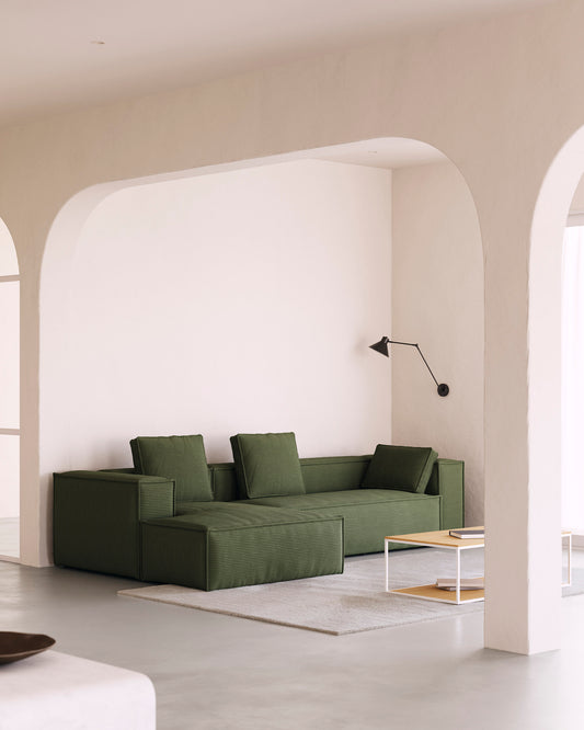 Blok 3-seater left chaise longue sofa in green thick corduroy 300cm FSC Mix Credit