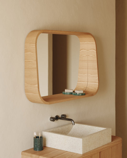 Salaya ash laminated plywood framed mirror in a natural finish, 90 x 60 cm