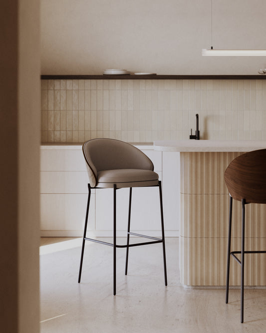 Eamy stool in brown faux leather, ash veneer, walnut finish and black metal 65 cm