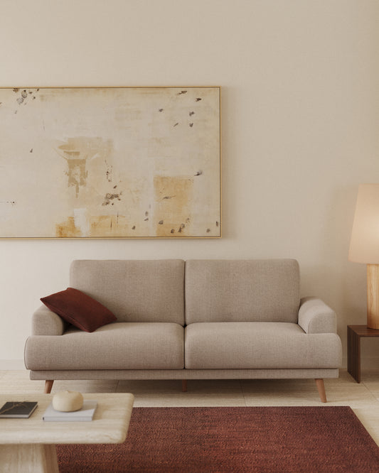 Karin 2-seater sofa in beige chenille with solid beech wood legs in walnut-tone finish 210 cm