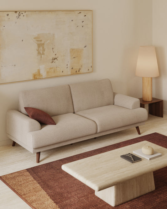 Karin beige 3-seater sofa with solid beech wood legs in walnut-tone finish 231 cm