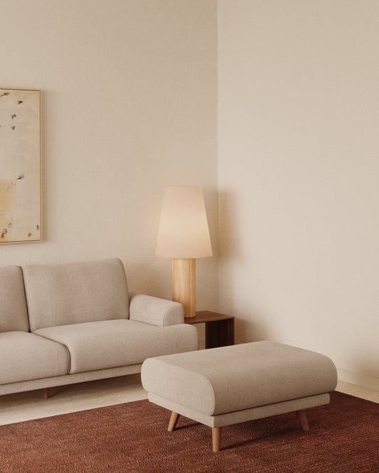 Karin footrest in beige chenille with solid beech wood legs in walnut-tone finish 90 x 70 cm