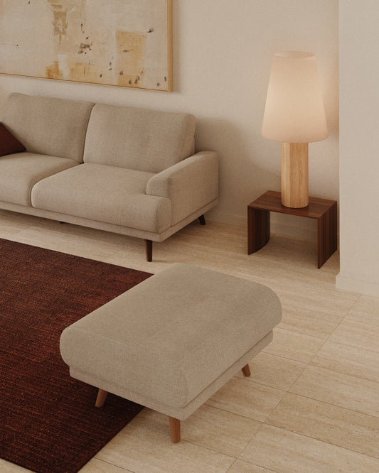 Karin footrest in beige chenille with solid beech wood legs in natural colour finish 90 x 70 cm