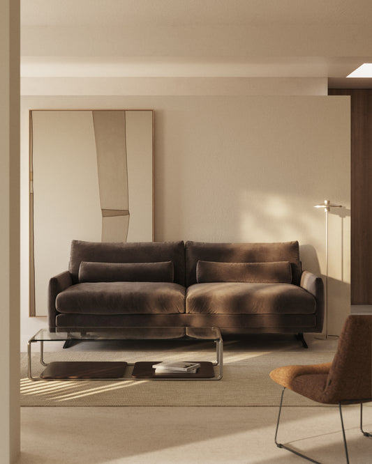 Veliro chocolate brown velvet 4-seater sofa with black steel legs 240cm FSC Mix Credit