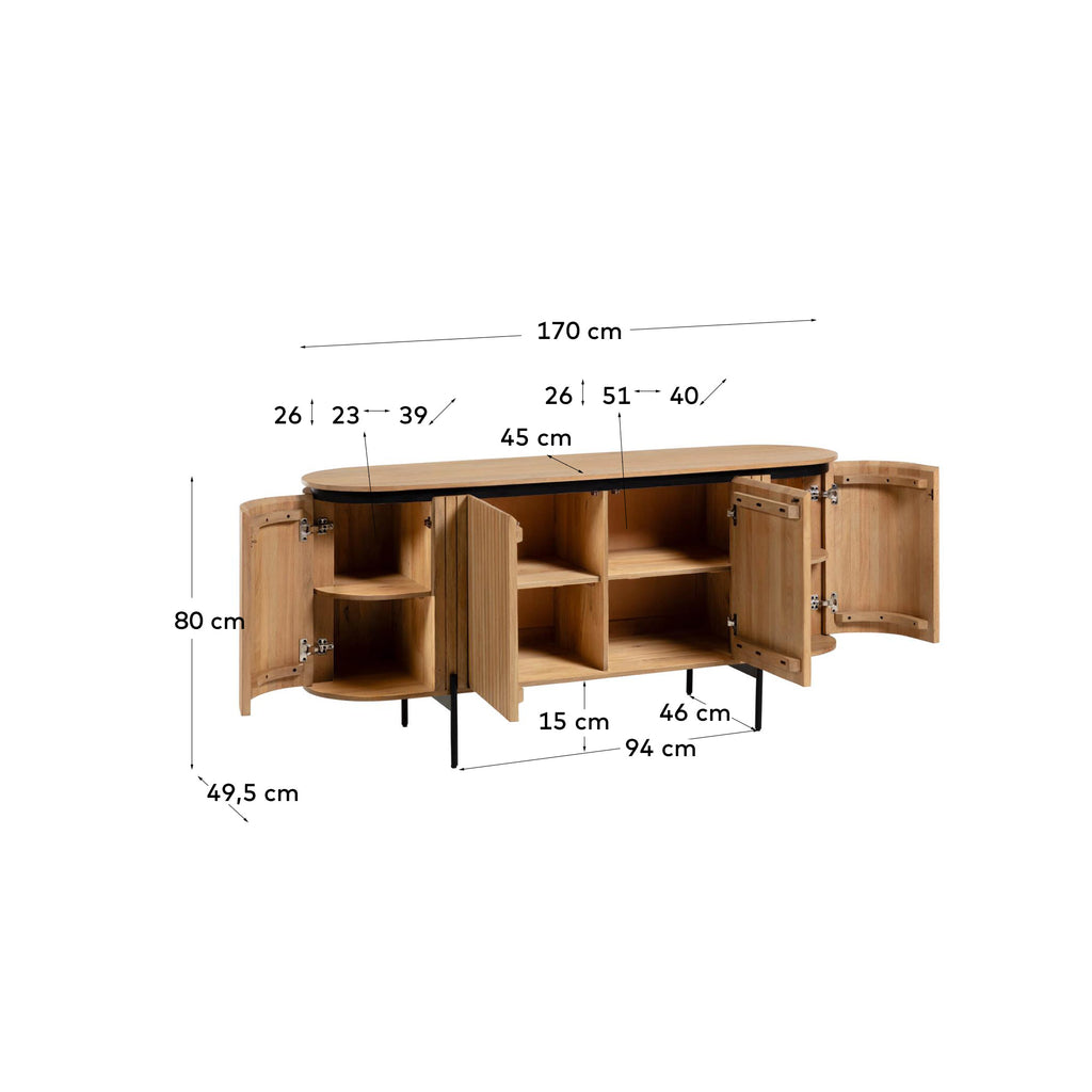 Licia solid mango wood sideboard with 4 doors and black finish metal, 170 x 80 cm