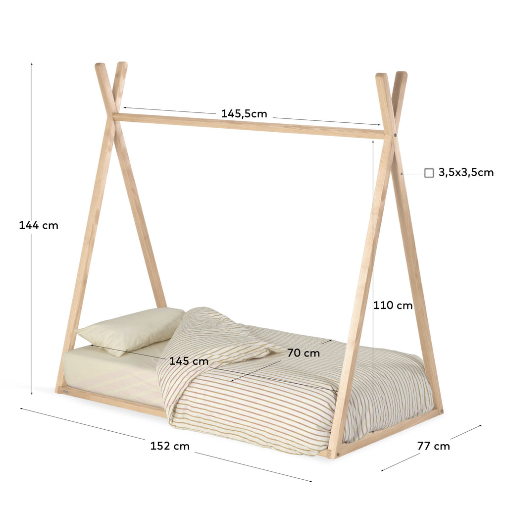 Maralis teepee bed made of solid beech wood with a natural finish, for 70 x 140 cm mattresses