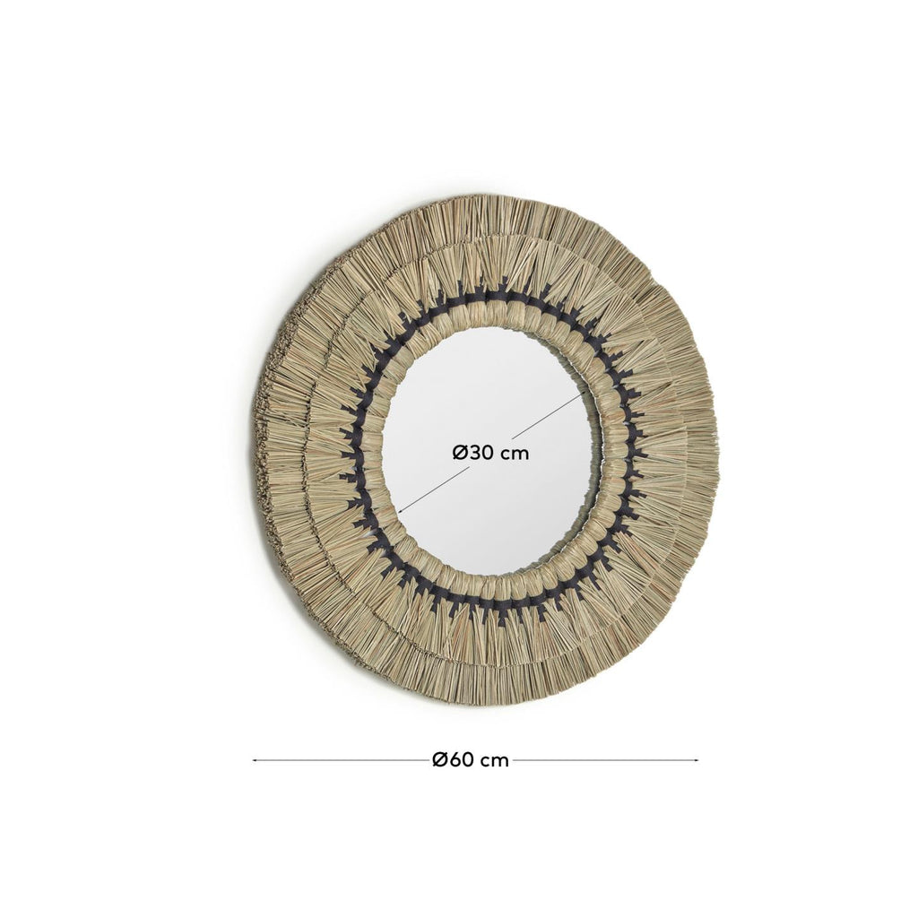 Akila round mirror made from beige natural fibres and black cotton cord, 60 cm