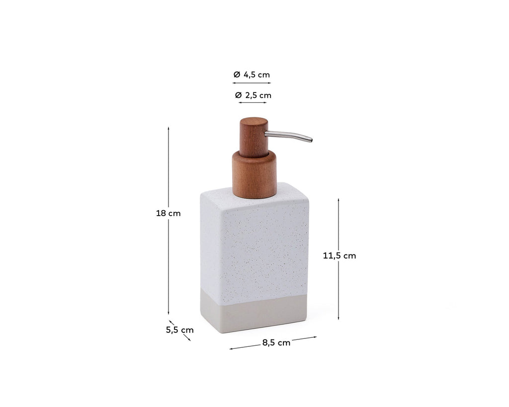 Careli soap dispenser in beige stoneware and acacia wood