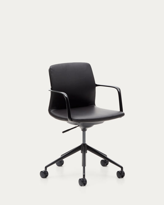 Nerlan desk chair in black faux leather with a black aluminium frame