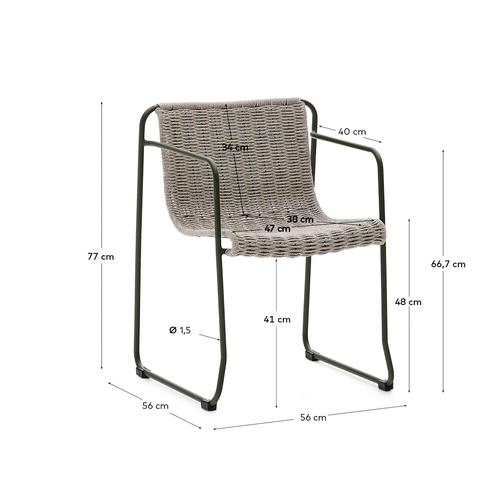 Maurina chair in green galvanised steel and ecru and grey rope cord