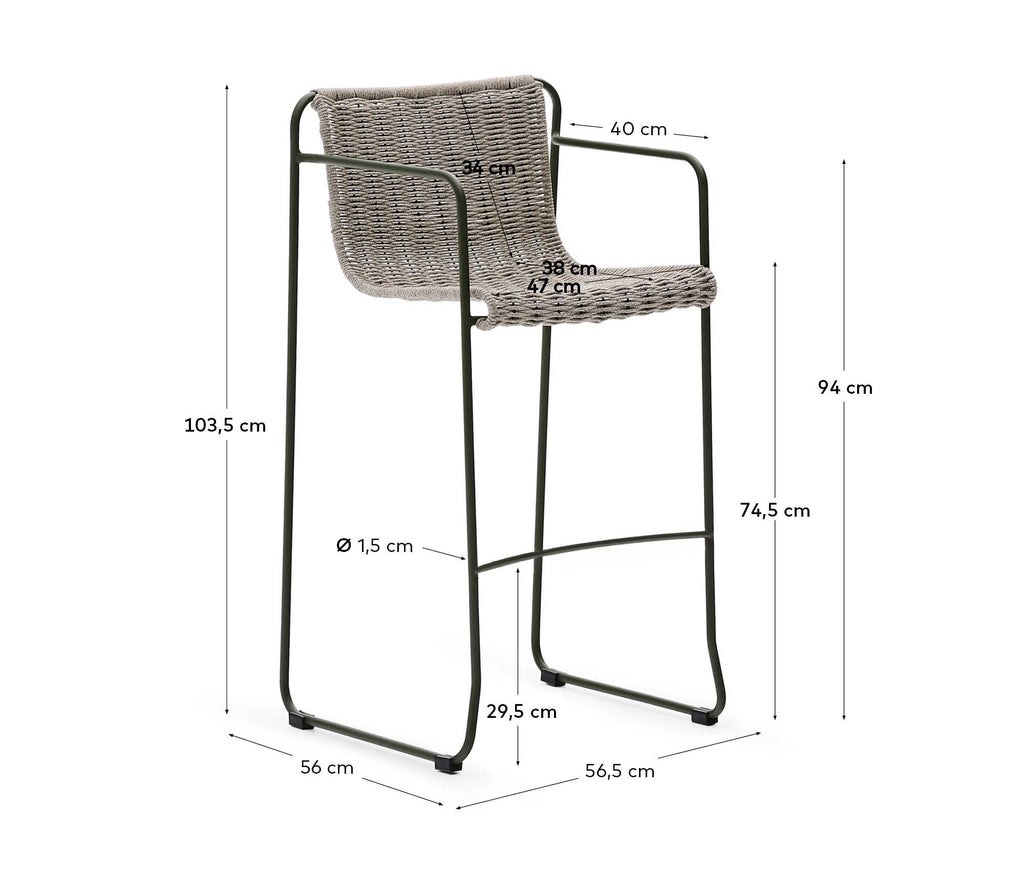 Maurina stool in green galvanised steel and ecru and grey rope cord 74,5cm