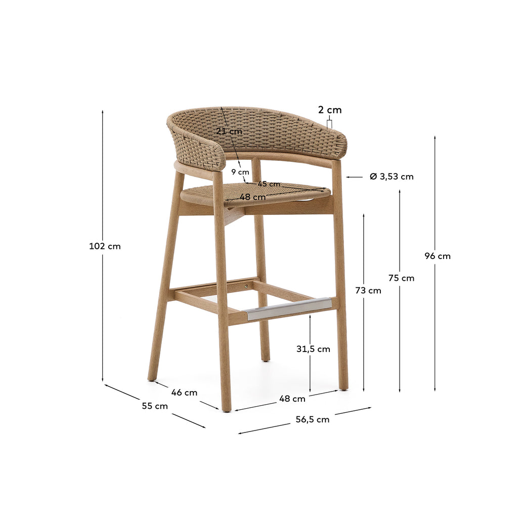 Arinella stool in FSC 100% solid acacia wood with natural finish and beige rope cord 75cm