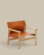 Jan armchair made of light brown recycled leather fibres and FSC 100% solid ash wood with natural tone finish