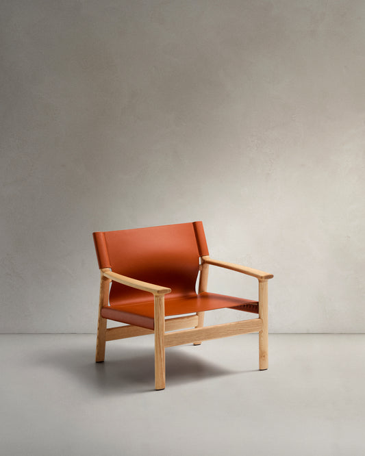 Jan armchair made of light brown recycled leather fibres and FSC 100% solid ash wood with natural tone finish