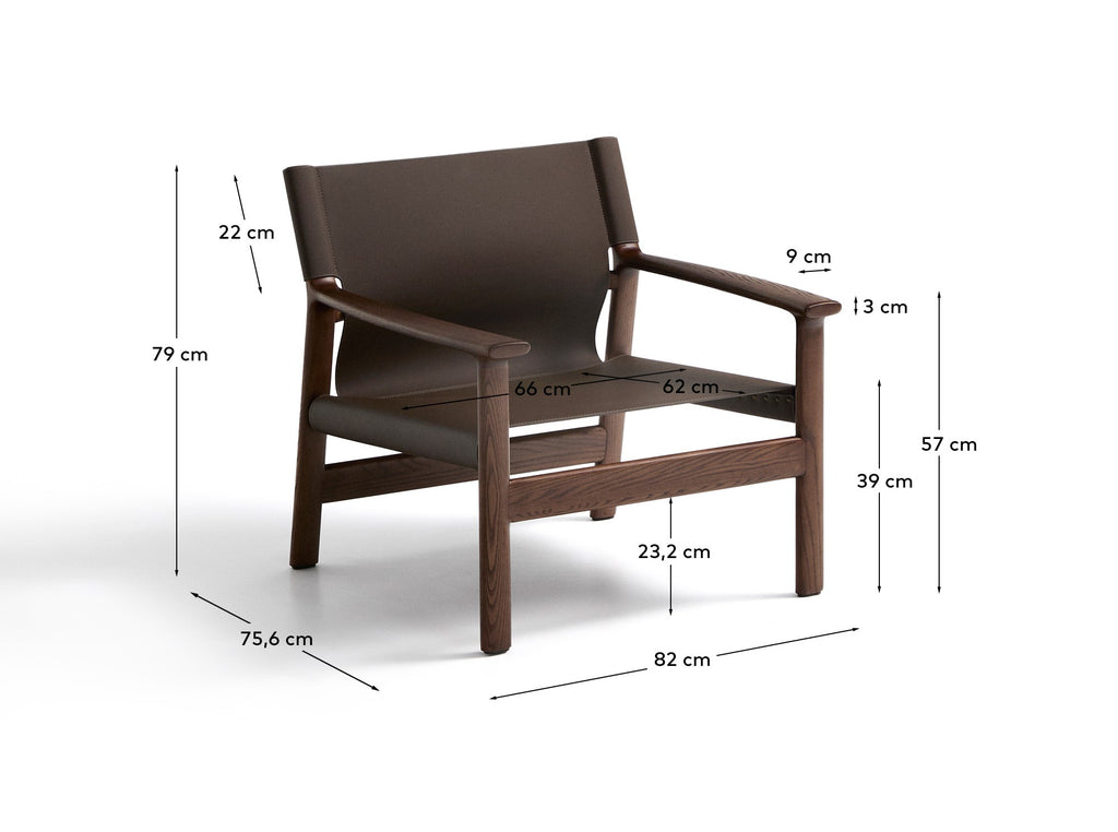 Jan armchair made of dark brown recycled leather fibres and FSC 100% solid ash wood with walnut-coloured finish
