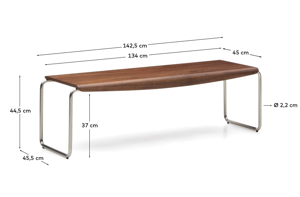 Tarsel bench in FSC 100% walnut veneer with brushed stainless steel structure 142cm