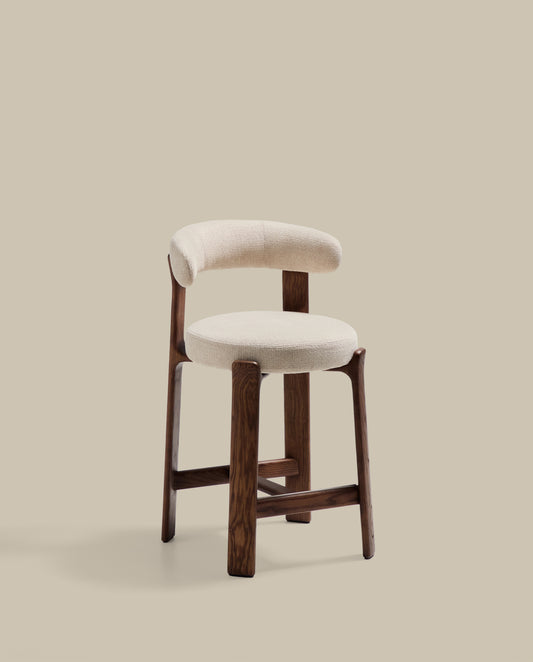 Granite stool in beige chenille and solid ash wood with walnut-coloured finish FSC 100% 65cm
