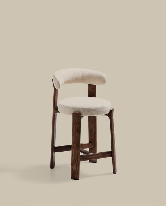 Granite stool in beige chenille and solid ash wood with walnut-coloured finish FSC 100% 65cm