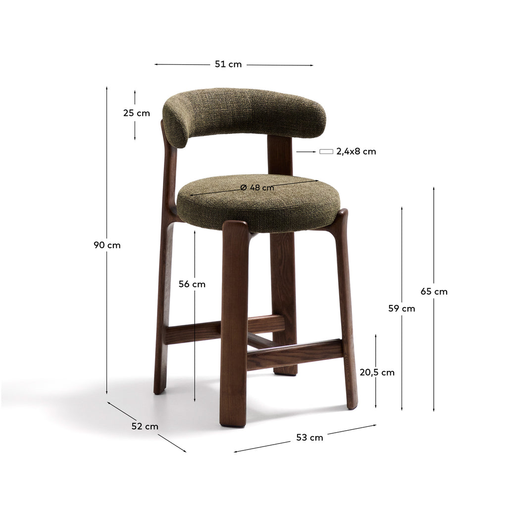 Granite stool in green chenille and solid ash wood with walnut-coloured finish FSC 100% 65cm