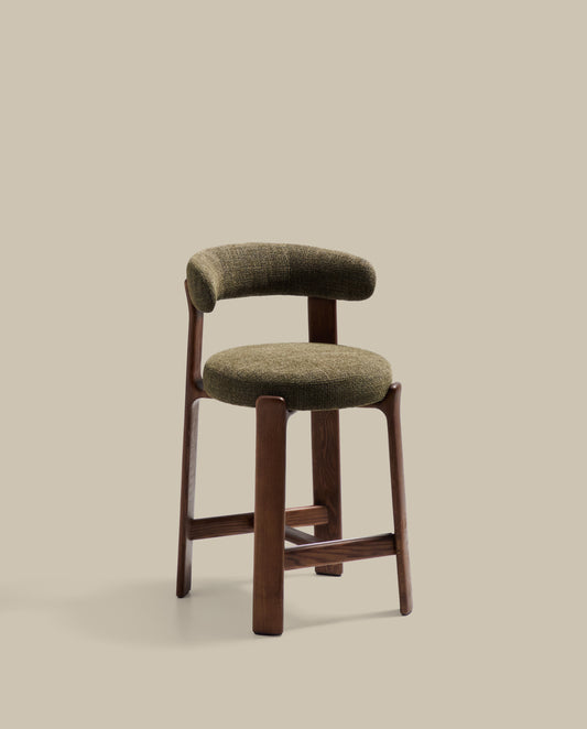 Granite stool in green chenille and solid ash wood with walnut-coloured finish FSC 100% 65cm