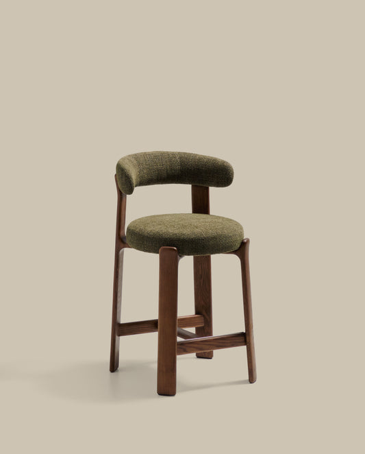 Granite stool in green chenille and solid ash wood with walnut-coloured finish FSC 100% 65cm