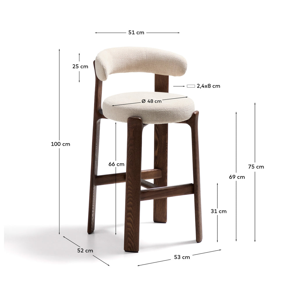 Granite stool in beige chenille and solid ash wood with walnut-coloured finish FSC 100% 75cm
