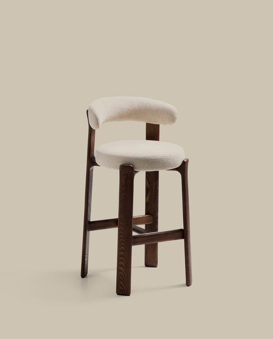 Granite stool in beige chenille and solid ash wood with walnut-coloured finish FSC 100% 75cm
