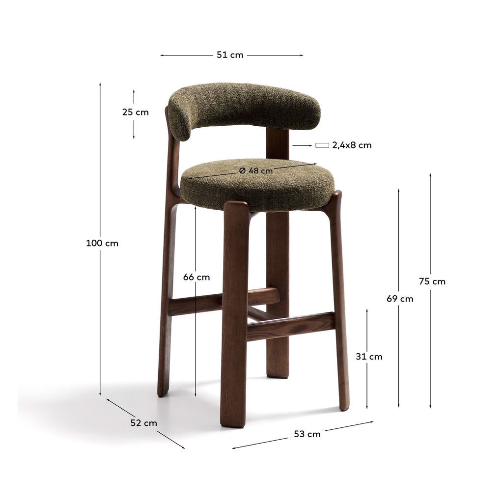 Granite stool in green chenille and solid ash wood with walnut-coloured finish FSC 100% 75cm