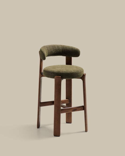 Granite stool in green chenille and solid ash wood with walnut-coloured finish FSC 100% 75cm