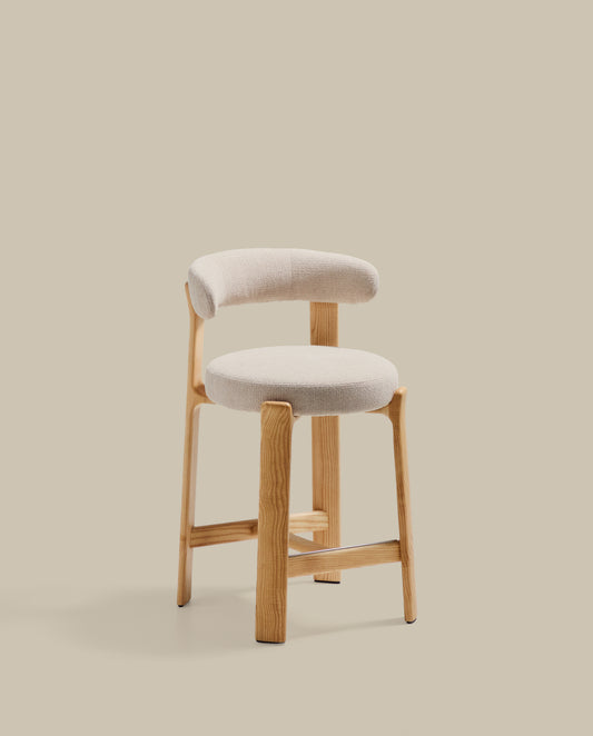 Granite stool in beige chenille and solid ash wood with natural tone finish FSC 100% 65cm