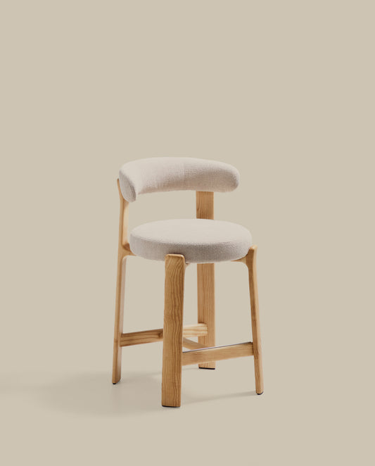 Granite stool in beige chenille and solid ash wood with natural tone finish FSC 100% 65cm