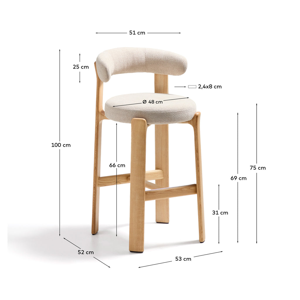 Granite stool made of beige chenille and solid ash wood with natural tone finish FSC 100% 75cm