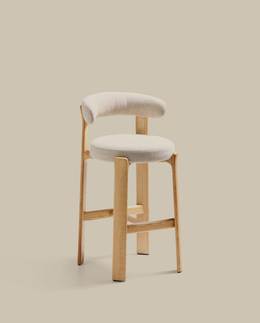 Granite stool made of beige chenille and solid ash wood with natural tone finish FSC 100% 75cm