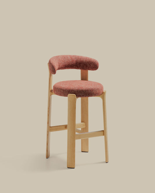 Granite stool in terracotta chenille and solid ash wood with natural tone finish FSC 100% 75cm